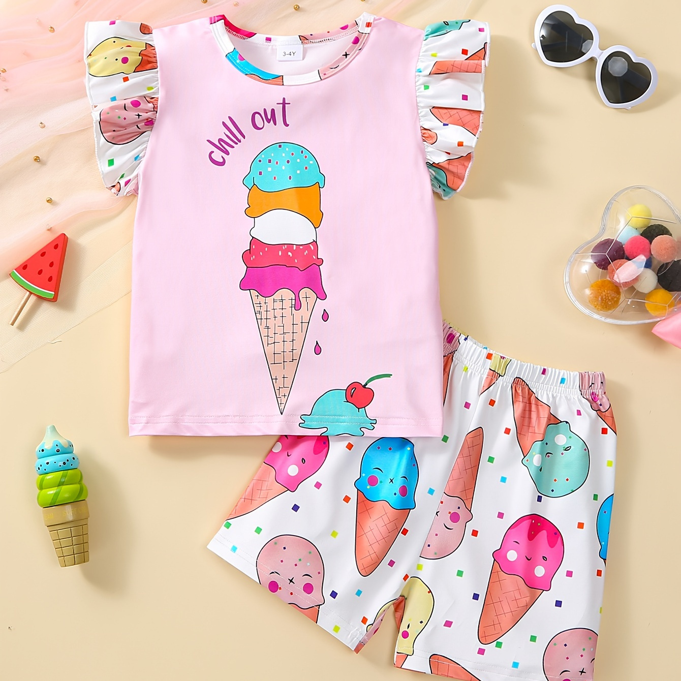 

Girls 2pcs Colorful Ice Cream Pattern Print Summer Cozy Loungewear, Short Flying Sleeve Crew Neck T-shirt Top & Short Set, Sweet Pattern Comfy Breathable Pj Set, Children's Easy-care Sleepwear Outfit