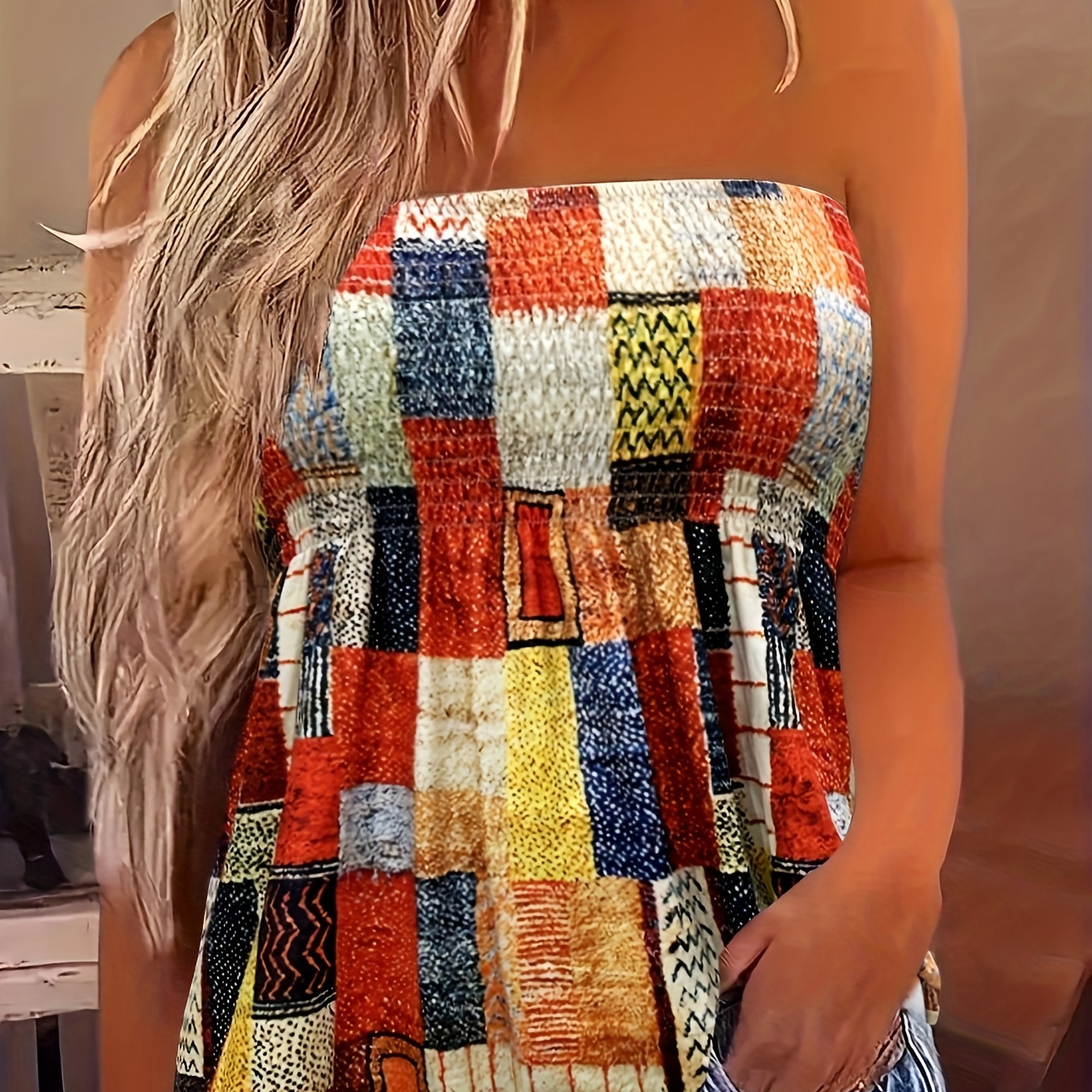 

Plus Size Patchwork Print Tube Top, Casual Shirred Sleeveless Top For Summer, Women's Plus Size Clothing