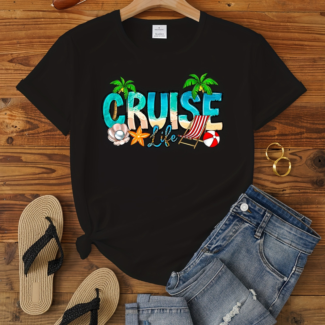 

Cruise Life Print T-shirt, Short Sleeve Crew Neck Casual Top For Summer & Spring, Women's Clothing