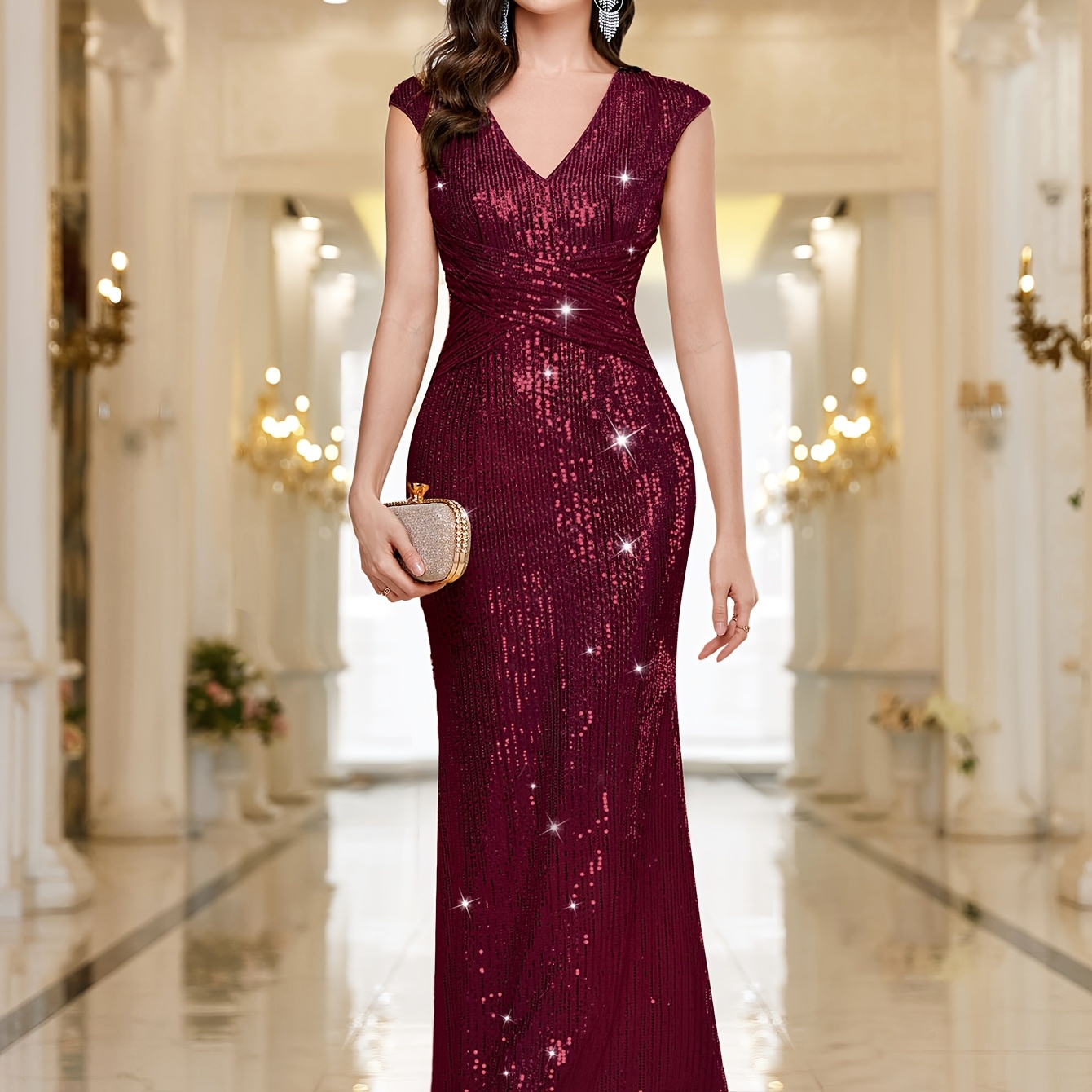 53231 Elegant Women'S Glitter Sequin Fitted Bridesmaid Maxi Dress, V-Neck,  Cap Sleeves, Crisscross Ruched Waist Design, Mermaid Hem * Formal Evening,  Wedding Party, Gala