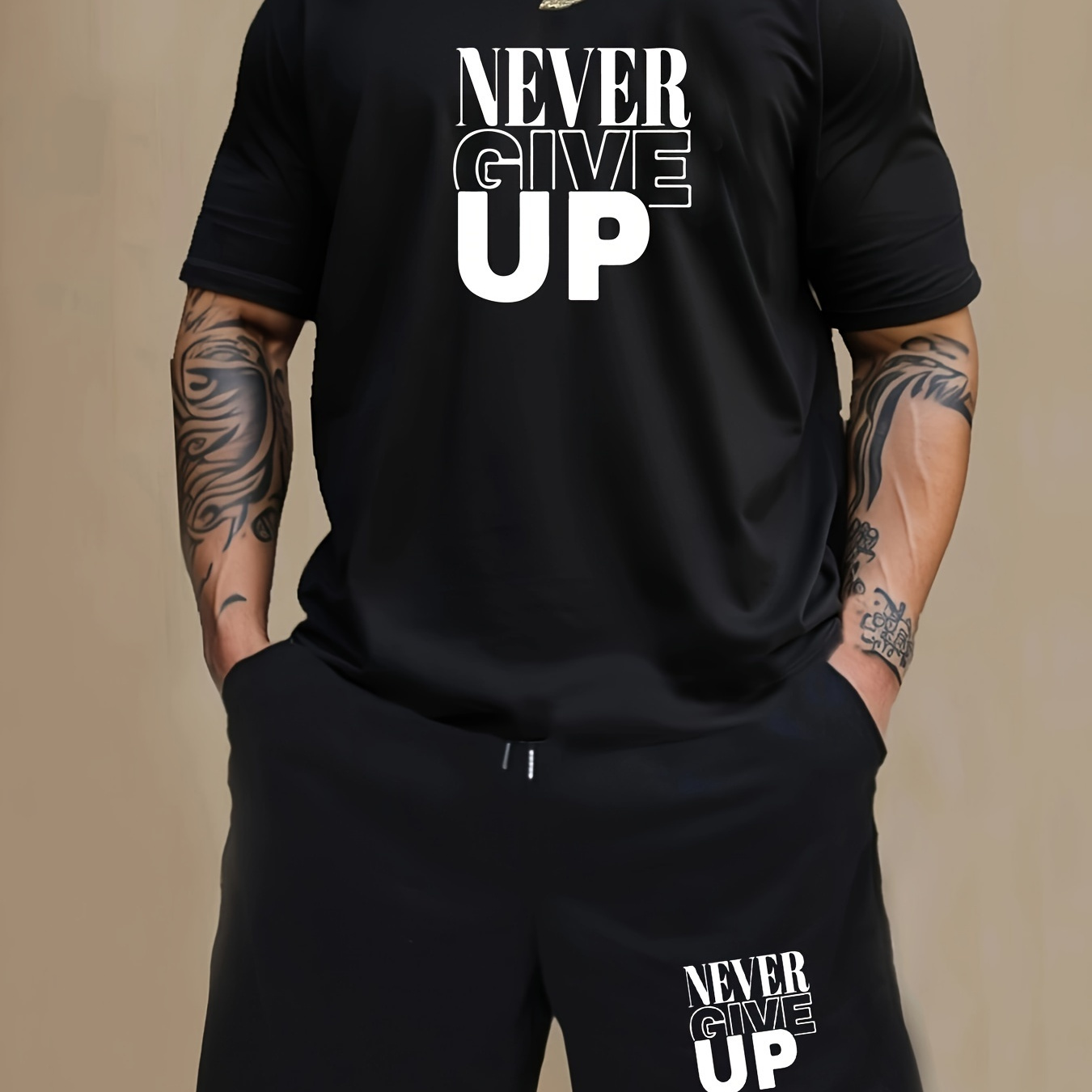 

2 Pcs Men's Pajama Sets, Never Give Up English Letter Print Short Sleeve T-shirts & Shorts, Comfortable & Gentle Style Pajamas For Men's Summer Cozy Loungewear