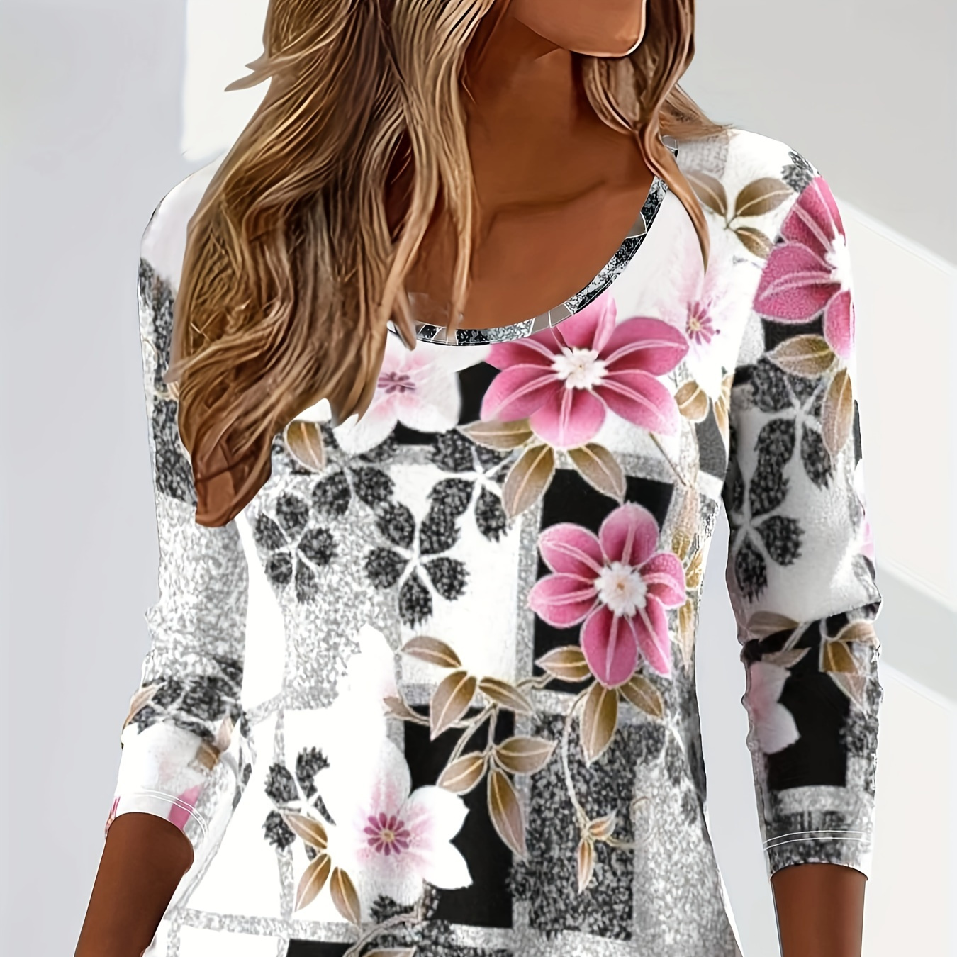 

Plus Size Floral Print Crew Neck T-shirt, Casual Long Sleeve Top For Spring & Fall, Women's Plus Size Clothing