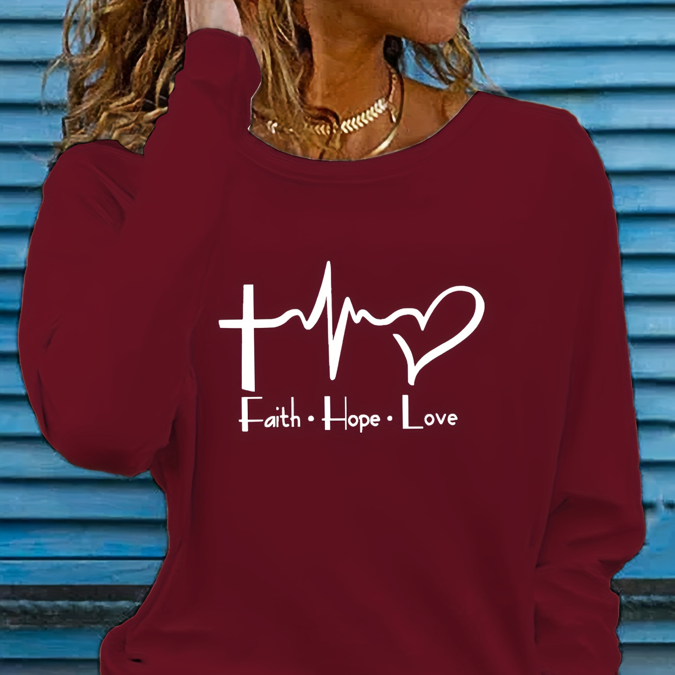 

Faith Hope Love Print Crewneck T-shirt, Casual Long Sleeve Top For Spring & Fall, Women's Clothing