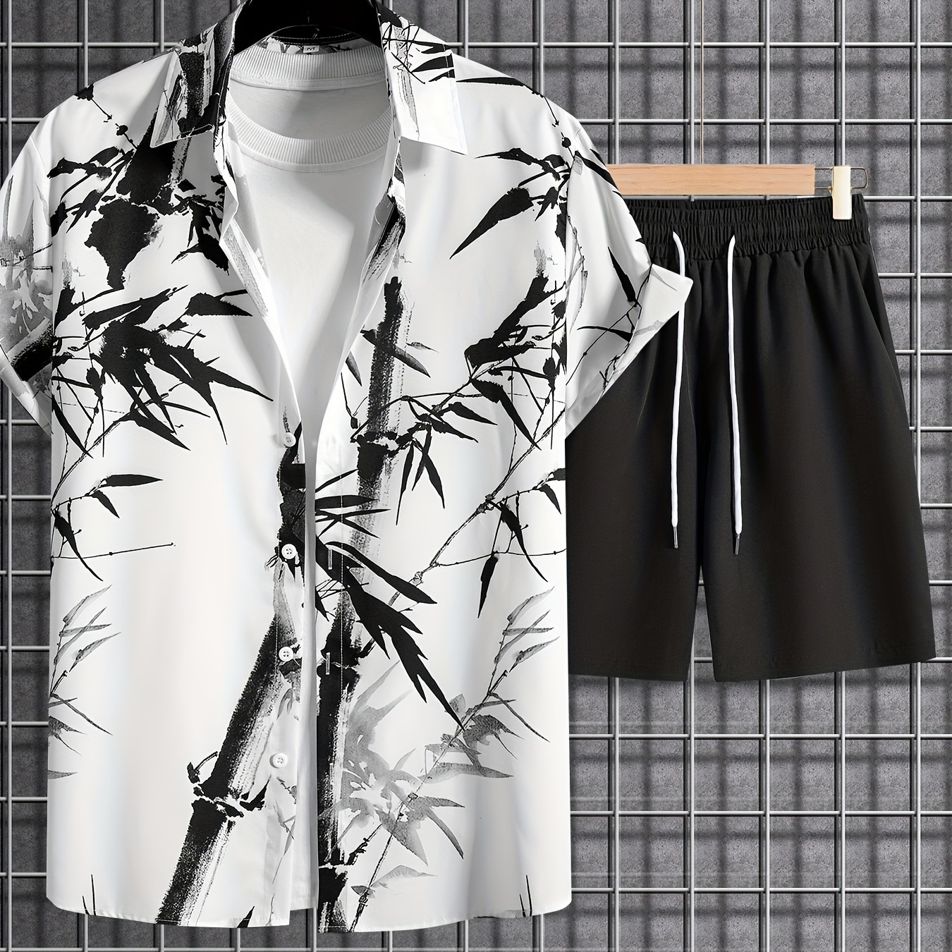 

2-piece Men's Chic Summer Vacation Outfit Set, Men's Bamboo Random Print Short Sleeve Lapel Shirt & Solid Drawstring Shorts Set
