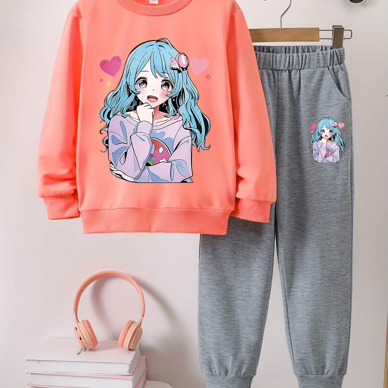 

Adorable Girls' Cartoon Print Long Sleeve Crew Neck Sweatshirt & Joggers Set - Cozy Polyester Blend, Perfect For Spring/fall