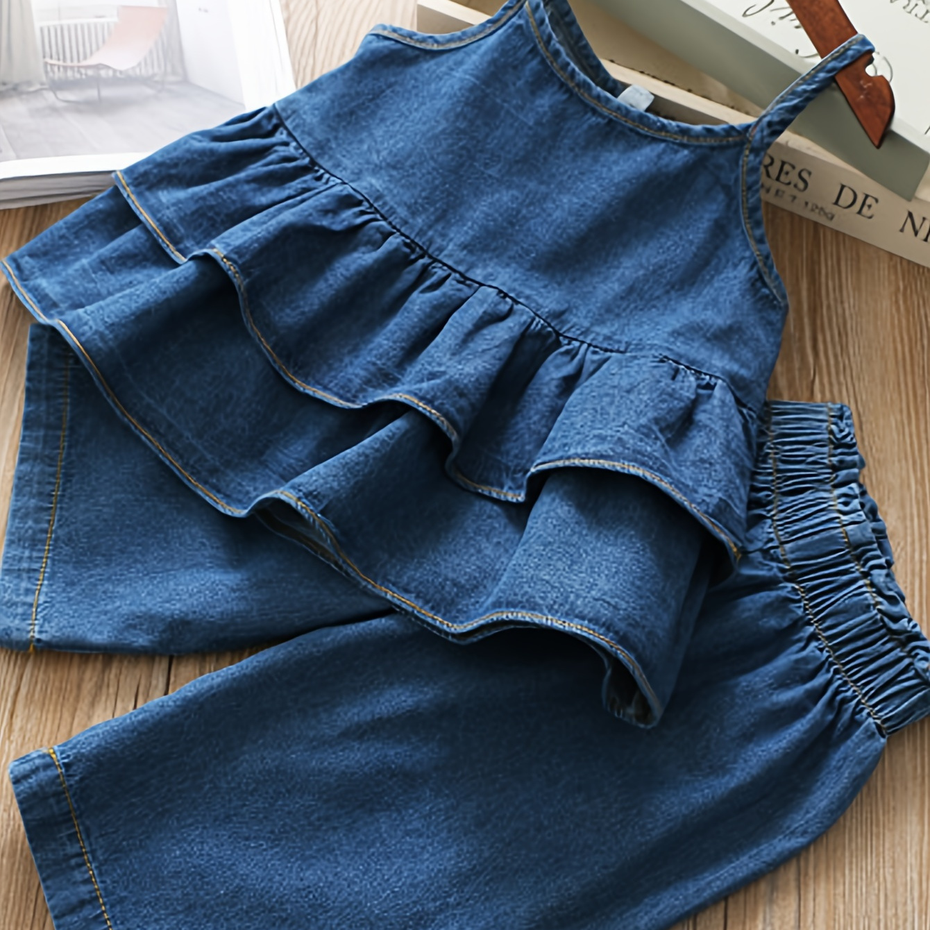 

Girl's Denim 2pcs Ruffle Layers Cami Top & Wide-leg Trousers Set Summer Clothes, Street Everyday Girls Outfit