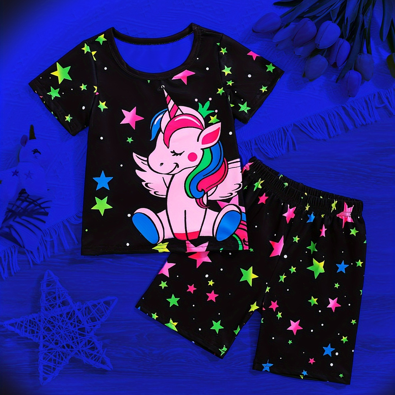 

2pcs Girls Summer Cozy Pajama Set – Fluorescent Cartoon & Stars Pattern Print Short Sleeve T-shirt Top & Short Set, Comfy Breathable Pj Set, Children's Easy-care Sleepwear Outfit