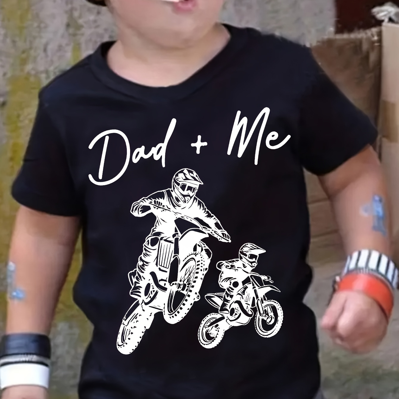 

Stylish Daddy And Me Riding Motorcycle Print Boy's Casual T-shirt, Comfy Crew Neck Tee Top For Summer