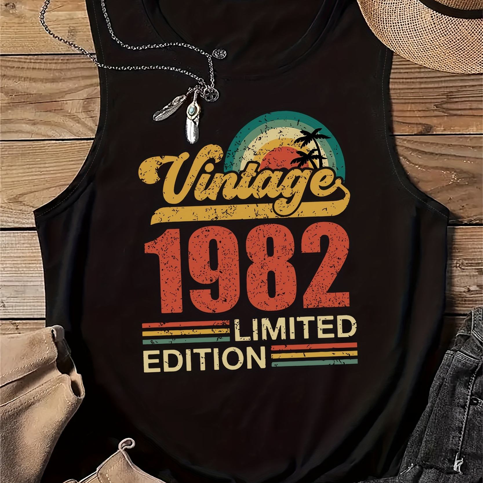 

1982 Vintage Letter Print Crew Neck Tank Top, Casual Sleeveless Tank Top For Summer, Women's Clothing