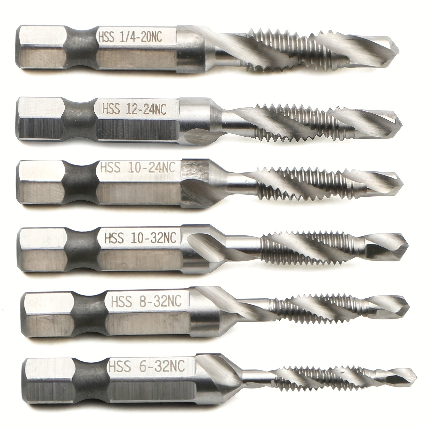 

6pcs Hss 2-in-1 Drill And Tap Bit Set, Fractional 1/8 To 3/8 Inch With 1/4 Inch Hex Shank And Spiral Flute Tapping Tool Set Kit, Hand Tool