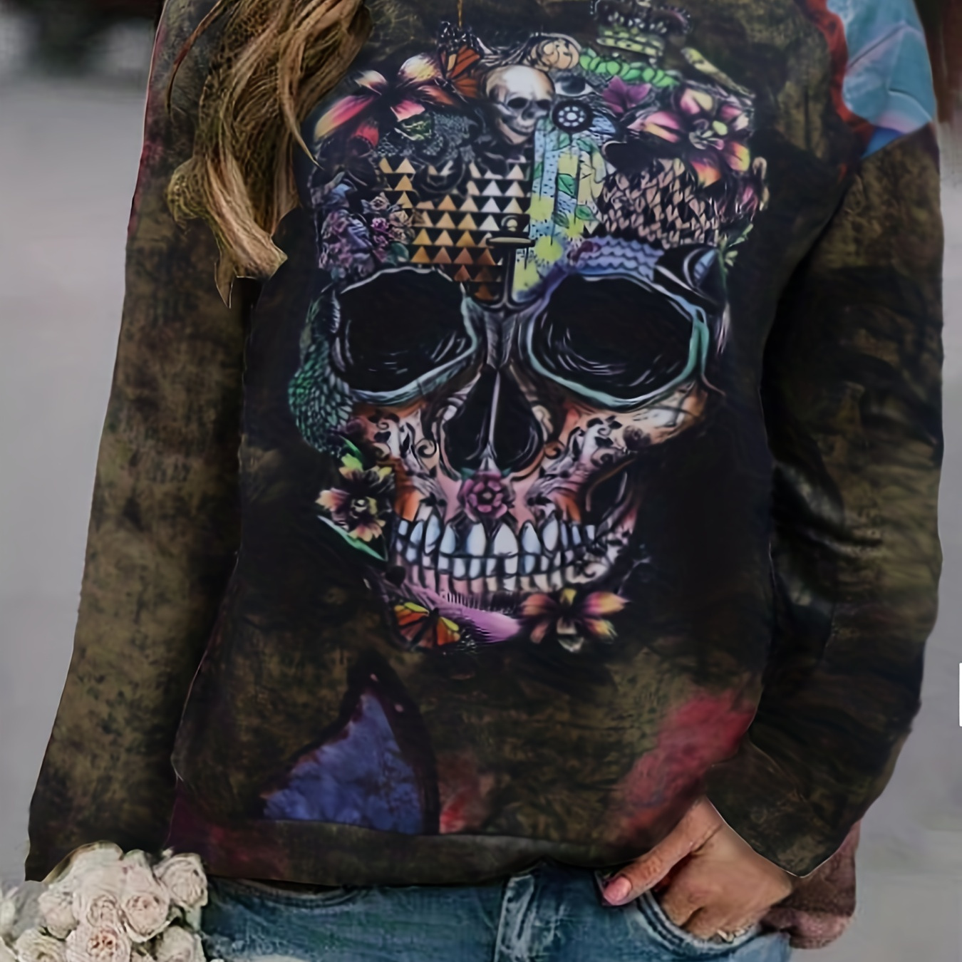 

Gothic Skull Print Sweatshirt, Casual Long Sleeve Crew Neck Sweatshirt For Fall & Winter, Women's Clothing