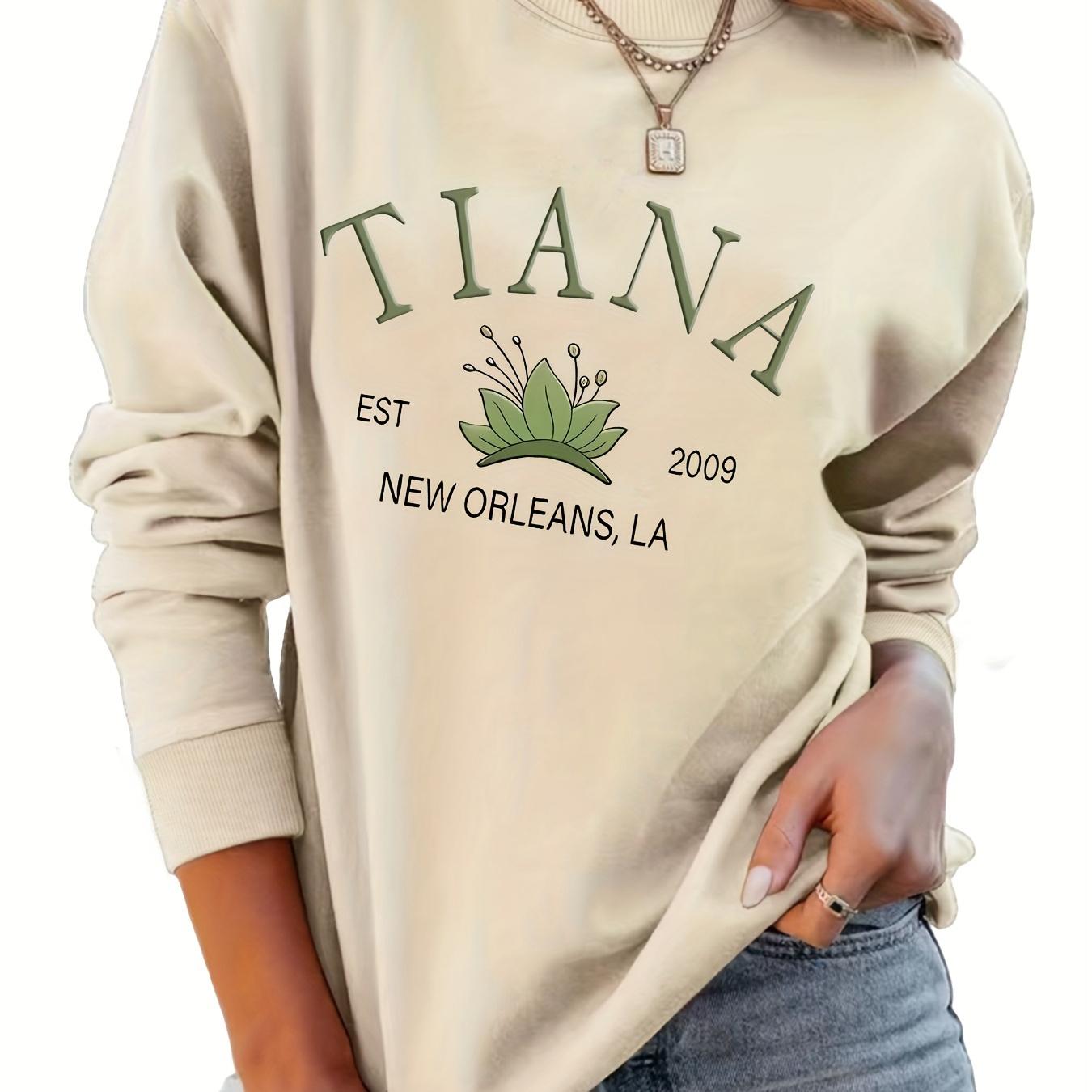 

New Orleans Est 2009 Alphabet Sweatshirt - Polyester Knit Crew Neck Long Sleeve Pullover For Women