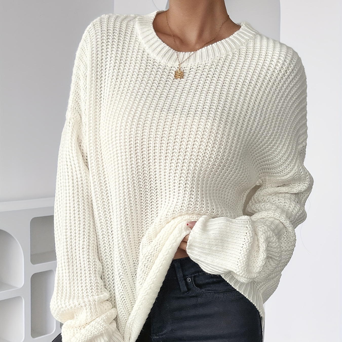 

Solid Shoulder Sweater, Elegant Rib Crew Neck Long Sleeve Pullover Sweater For Winter & Fall, Women's Clothing