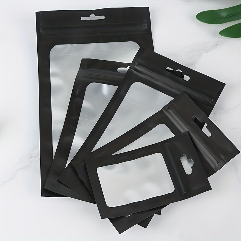 

50pcs/bag Black Foil Pouch, Reusable Self Sealing Mylar Bag, Ziplock Hang Bags With Clear Window For Diy Jewelry Display Packaging