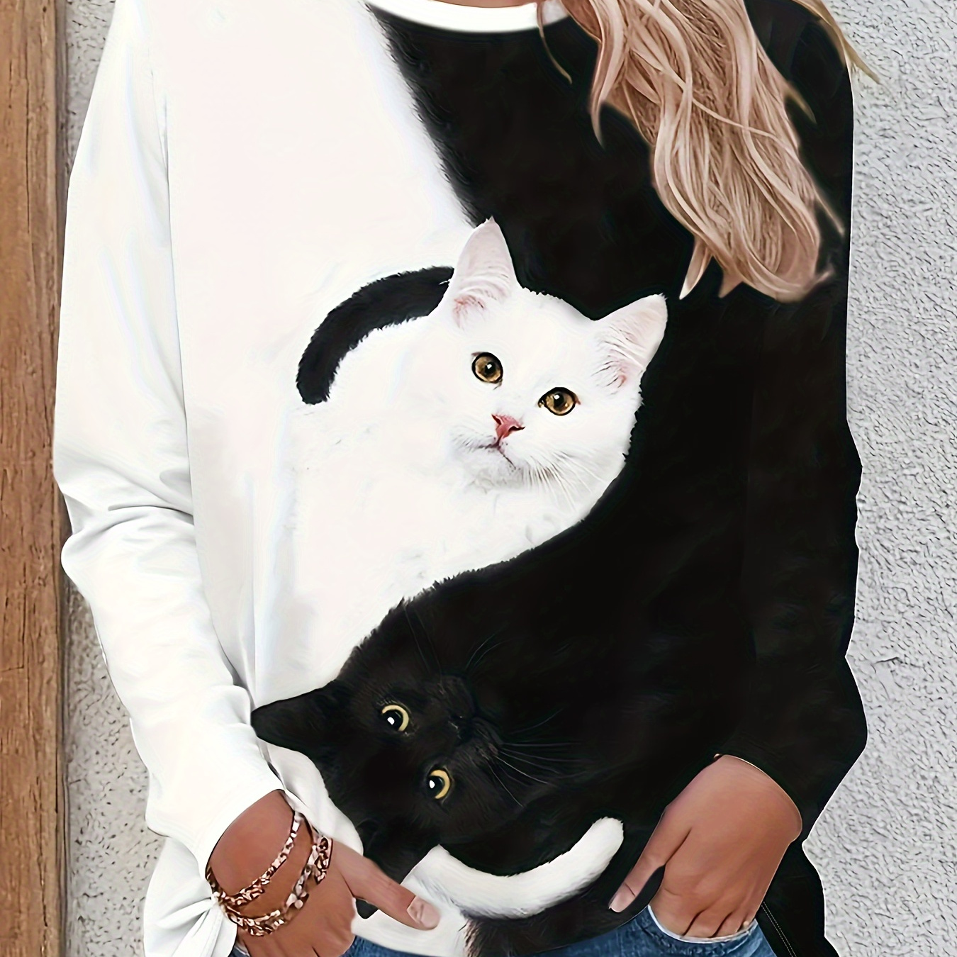 

Cat Print Crew Neck T-shirt, Casual Color Block Long Sleeve T-shirt For Spring & Fall, Women's Clothing