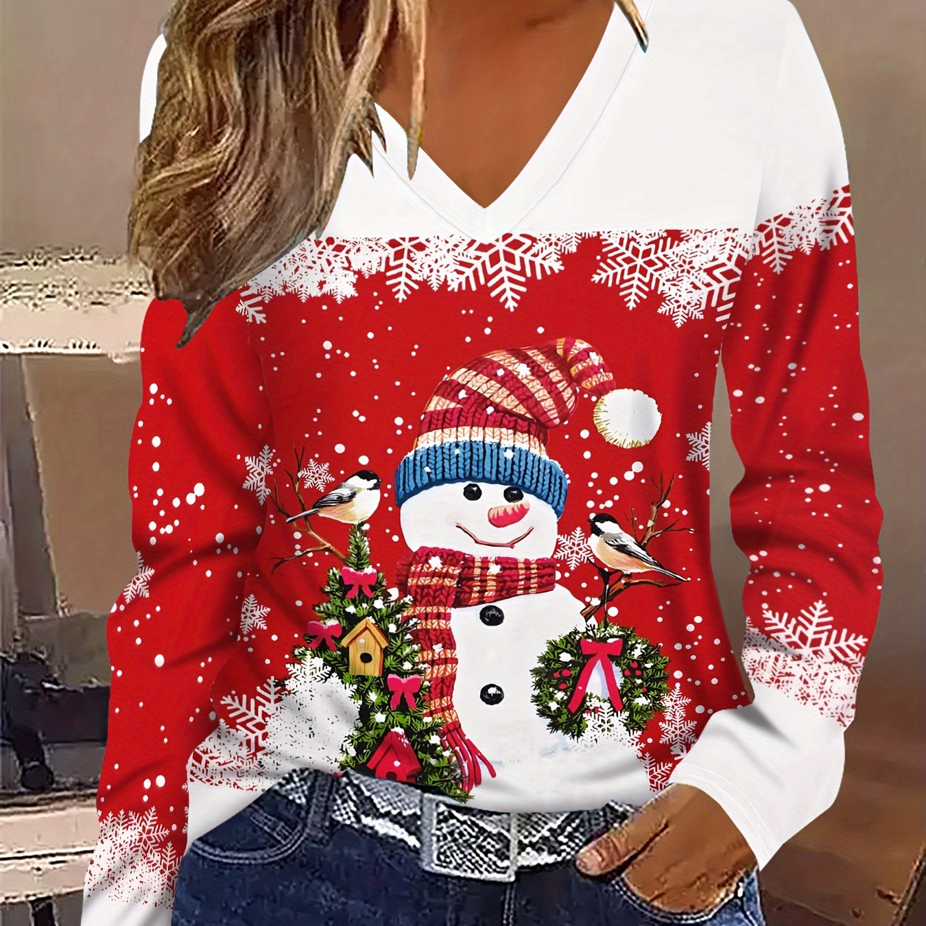 

Women's Christmas V- T- - Snowman & , Long Sleeve, Polyester , Top, For Christmas, ,