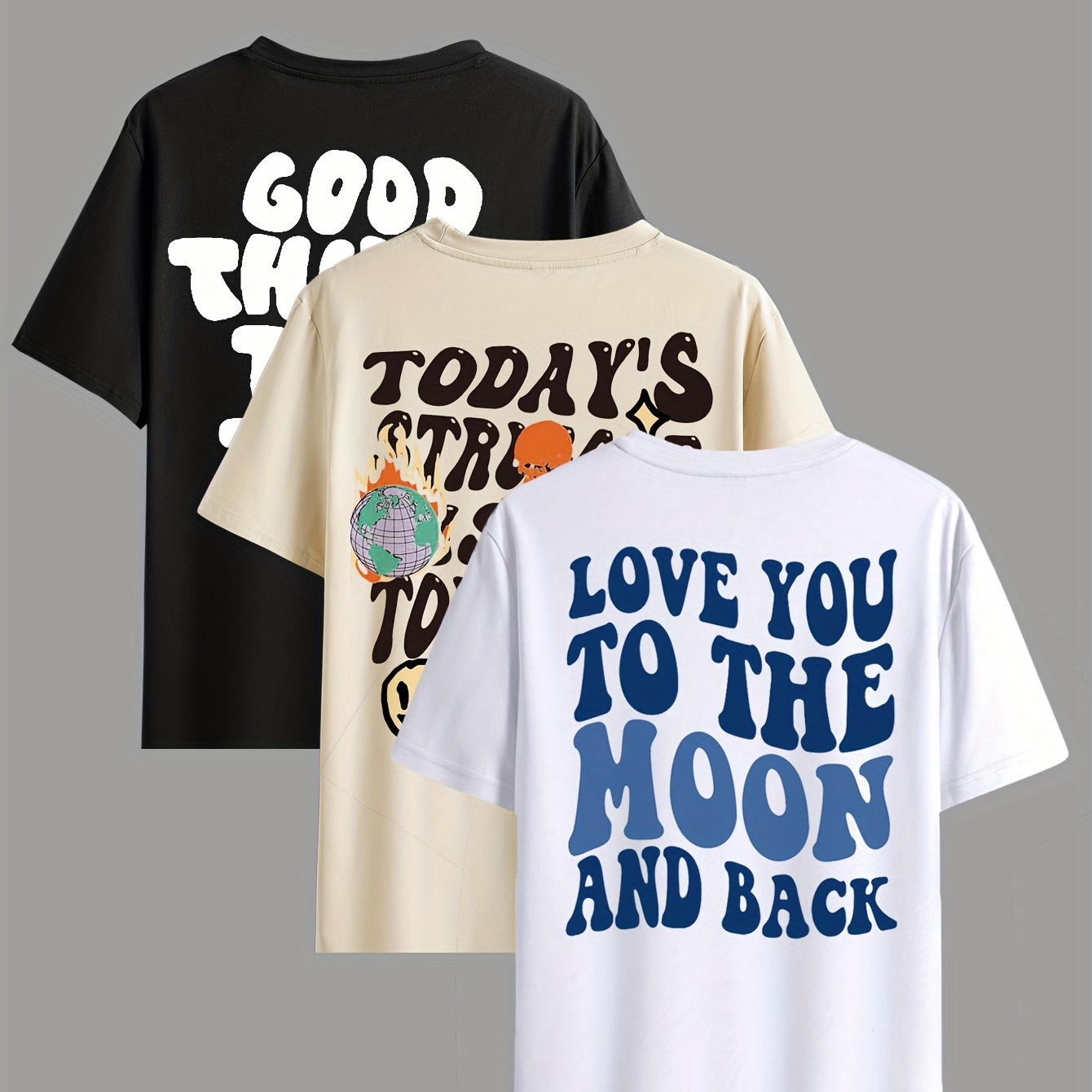 

3pcs Letters Print Men's Short Sleeve T-shirt, Casual Round Neck Top, Versatile And Comfortable Tee, Spring& Summer Collection