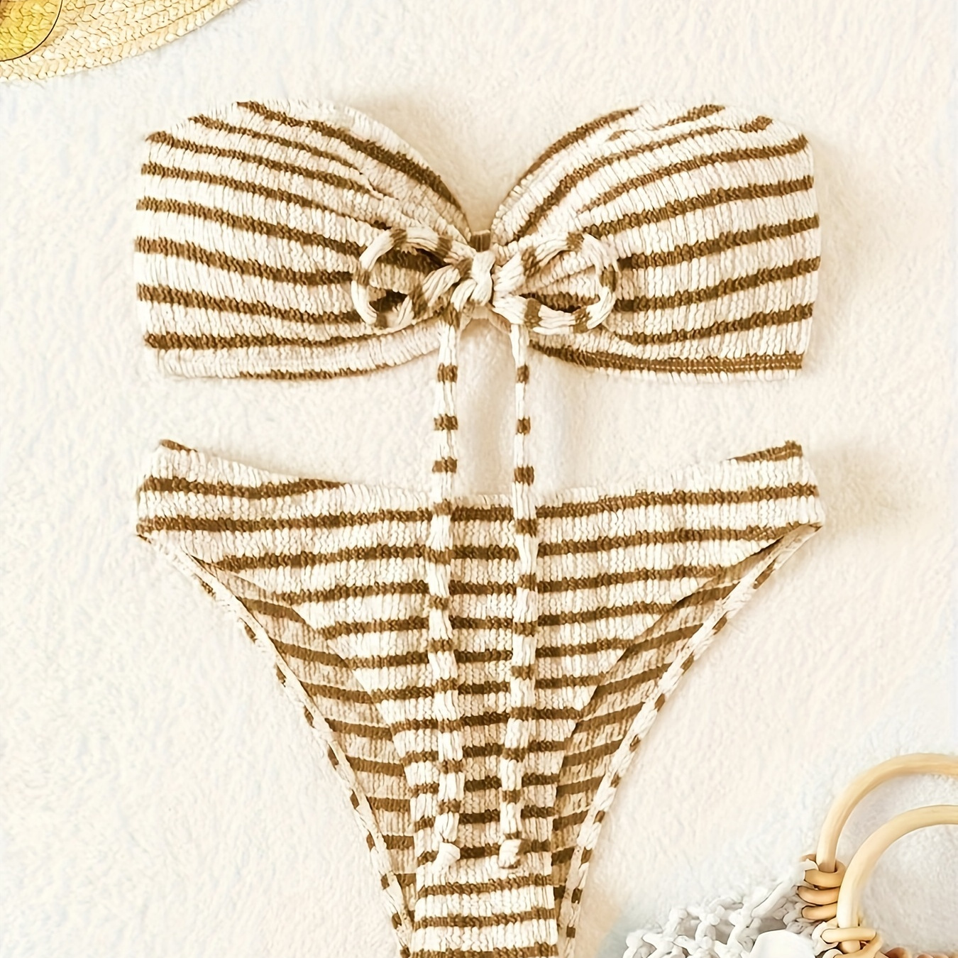 

Striped Bikini Set, Women's High Cut 2 Piece Swimsuit, Bow Tie Front, Vintage Beachwear