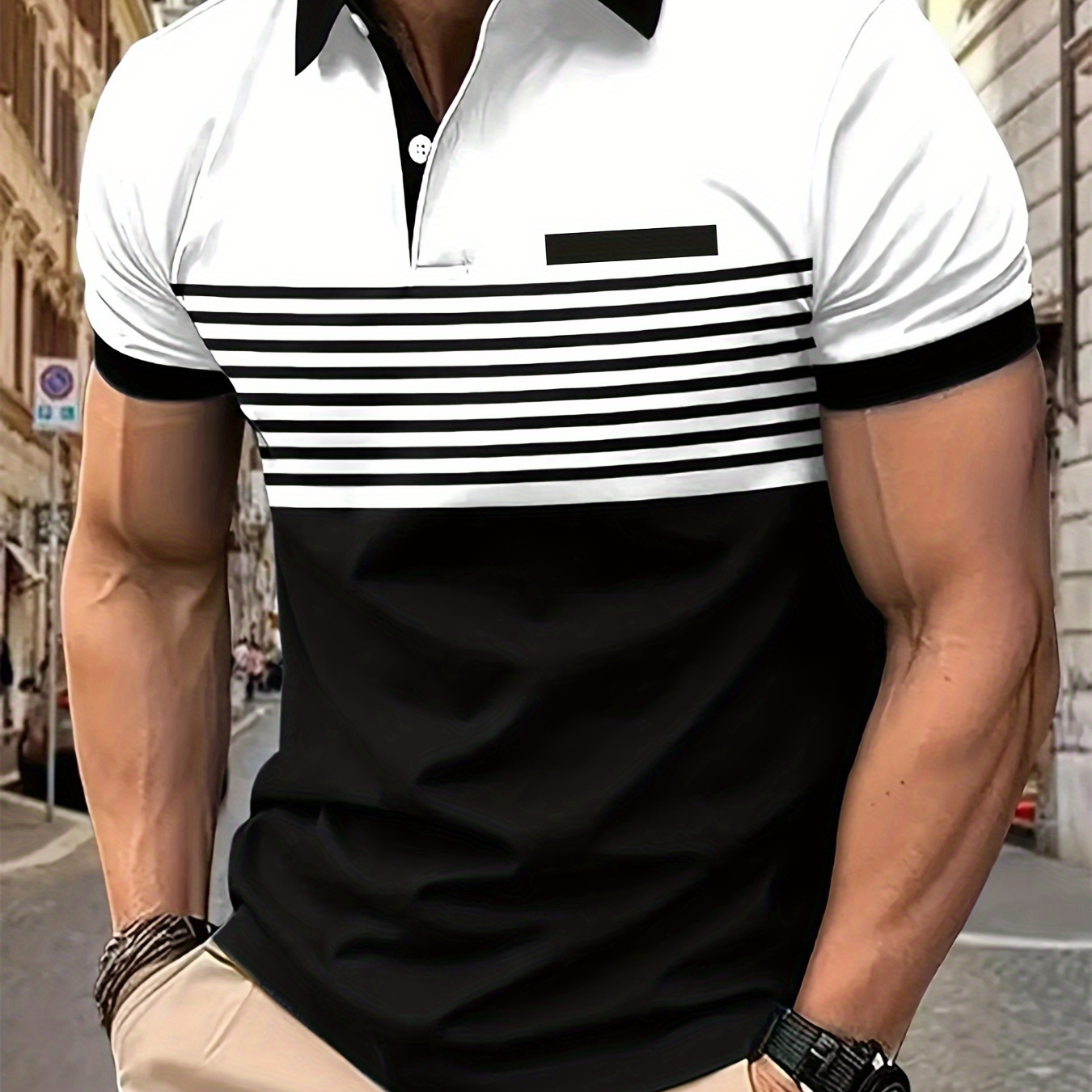 

Men's Contrast Color Stripe Pattern Short Sleeve Lapel Collar Henley Shirt, Chic And Trendy For Summer Golf And Daily Wear