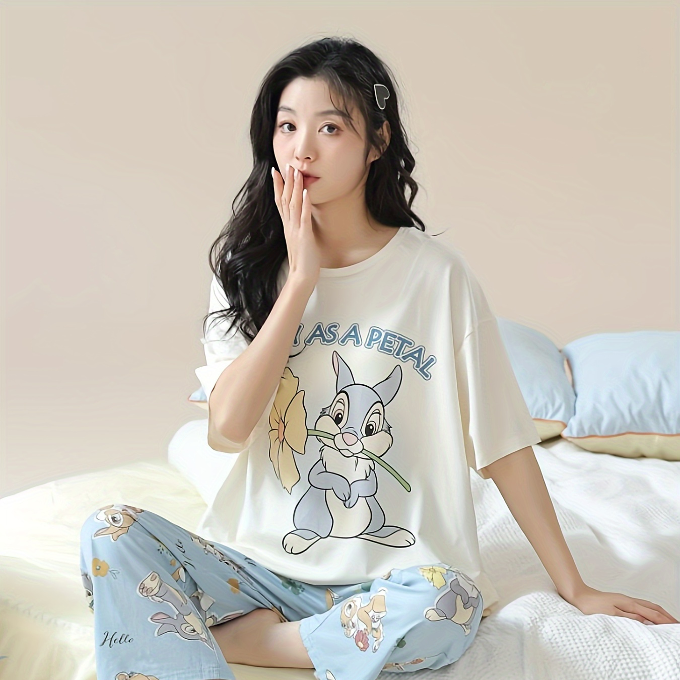

Cute Bunny & Letter Print Pajama Set, Short Sleeve Round Neck Top & Elastic Pants, Women's Sleepwear