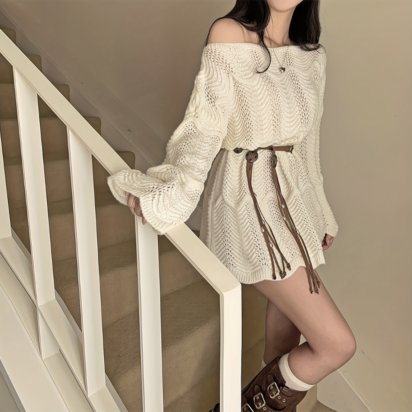 [Asymmetrical Dress] Loose Fit Asymmetrical Shoulder Design Dress with Belt, TJ22729 Versatile Skirt for Women