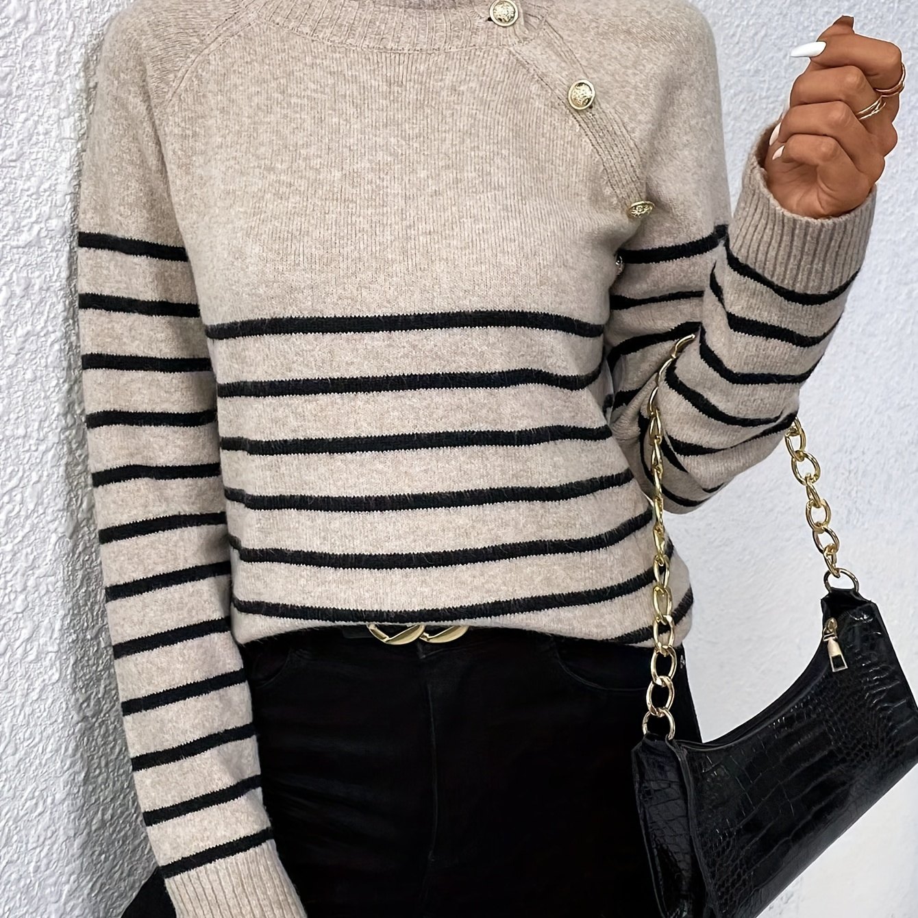 

Striped Print Lace Splicing Sweater, Casual Button Decor Long Sleeve Knitted Top For Spring & Fall, Women's Clothing