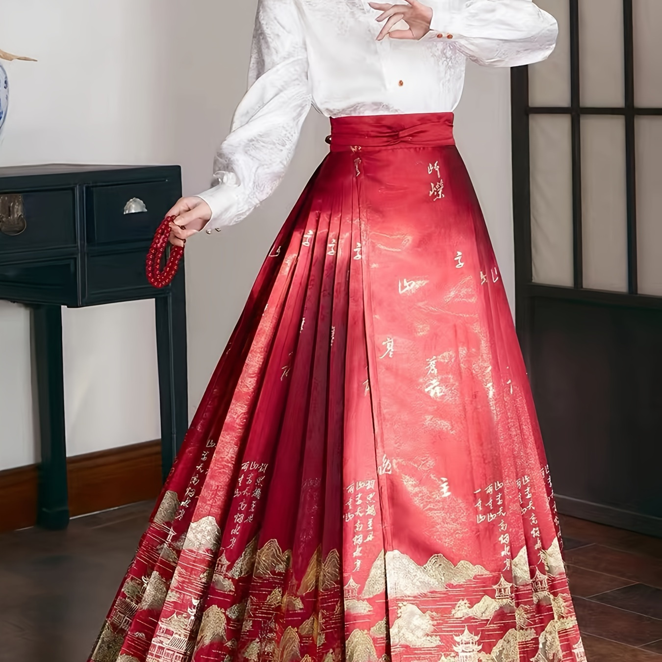 

Red Landscape Print Horse Face Skirt With 5-fold Design, Hanfu, National -piece Pleated Long Skirt, Vintage Half Skirt,