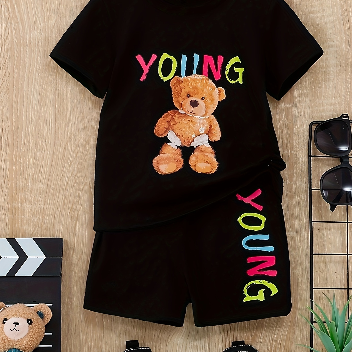 

2pcs Toddler & Infant's Young Bear Print Summer Set, T-shirt & Elastic Waist Shorts, Baby Boy's Clothes