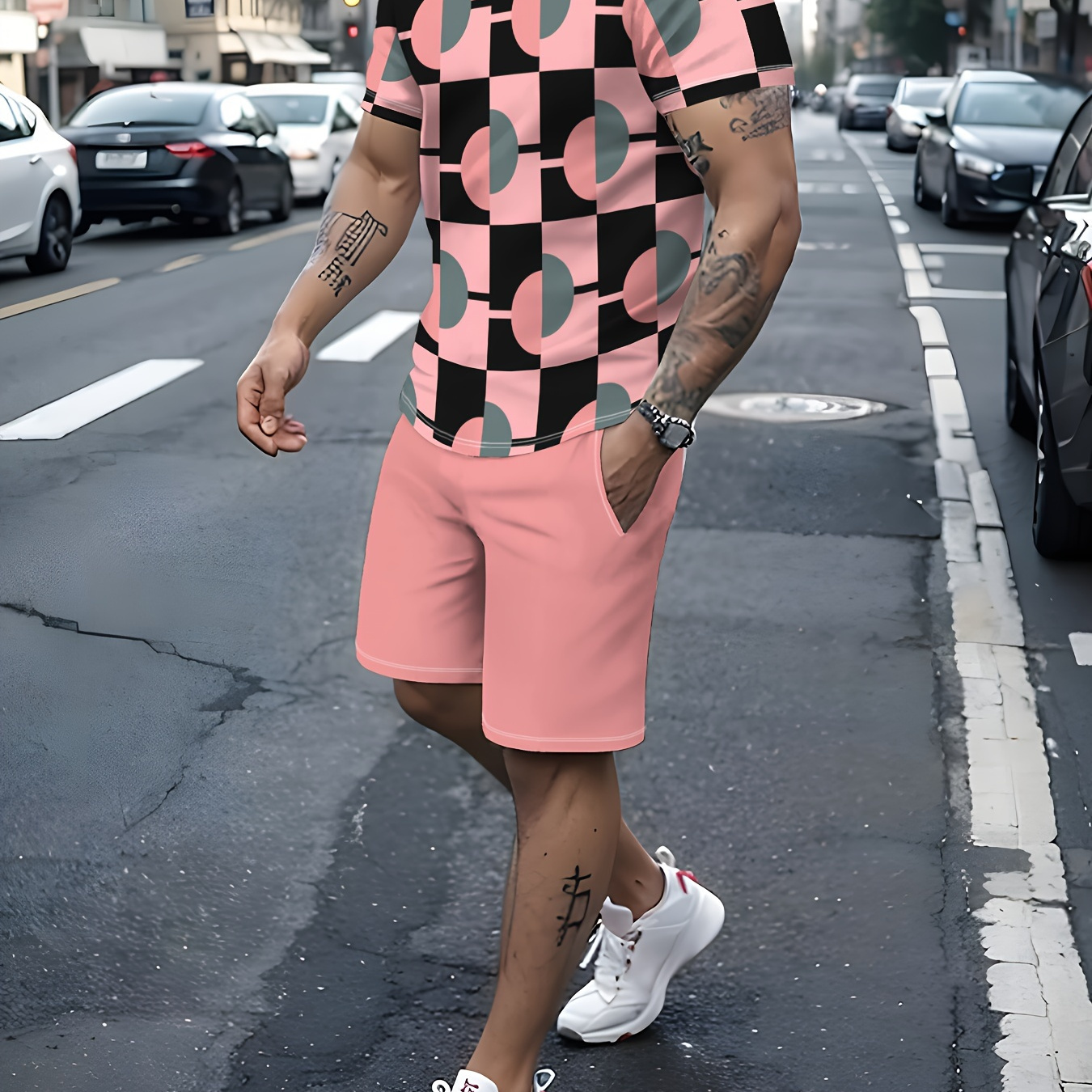 

Men's Outfit, Geometric Pattern Casual Crew Neck Short Sleeve T-shirt & Drawstring Shorts 2-piece Co Ord Set For Summer Outdoor Activities