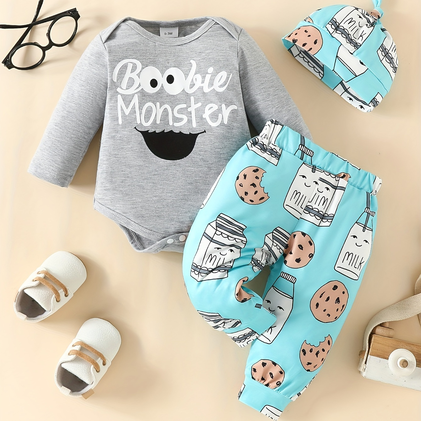 

2pcs Infant Unisex Long Sleeve Letter Print Top With Coordinating Pants And Hat For Newborn Boys, Cute Letter And Milk Cookie Design