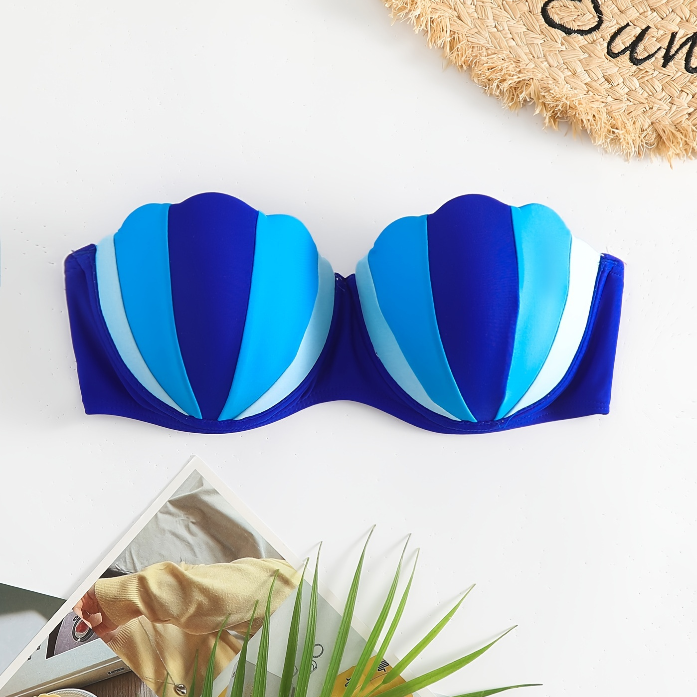 Color Block Blue Sea Shell Shape Bikini Top Scallop Trim - Temu