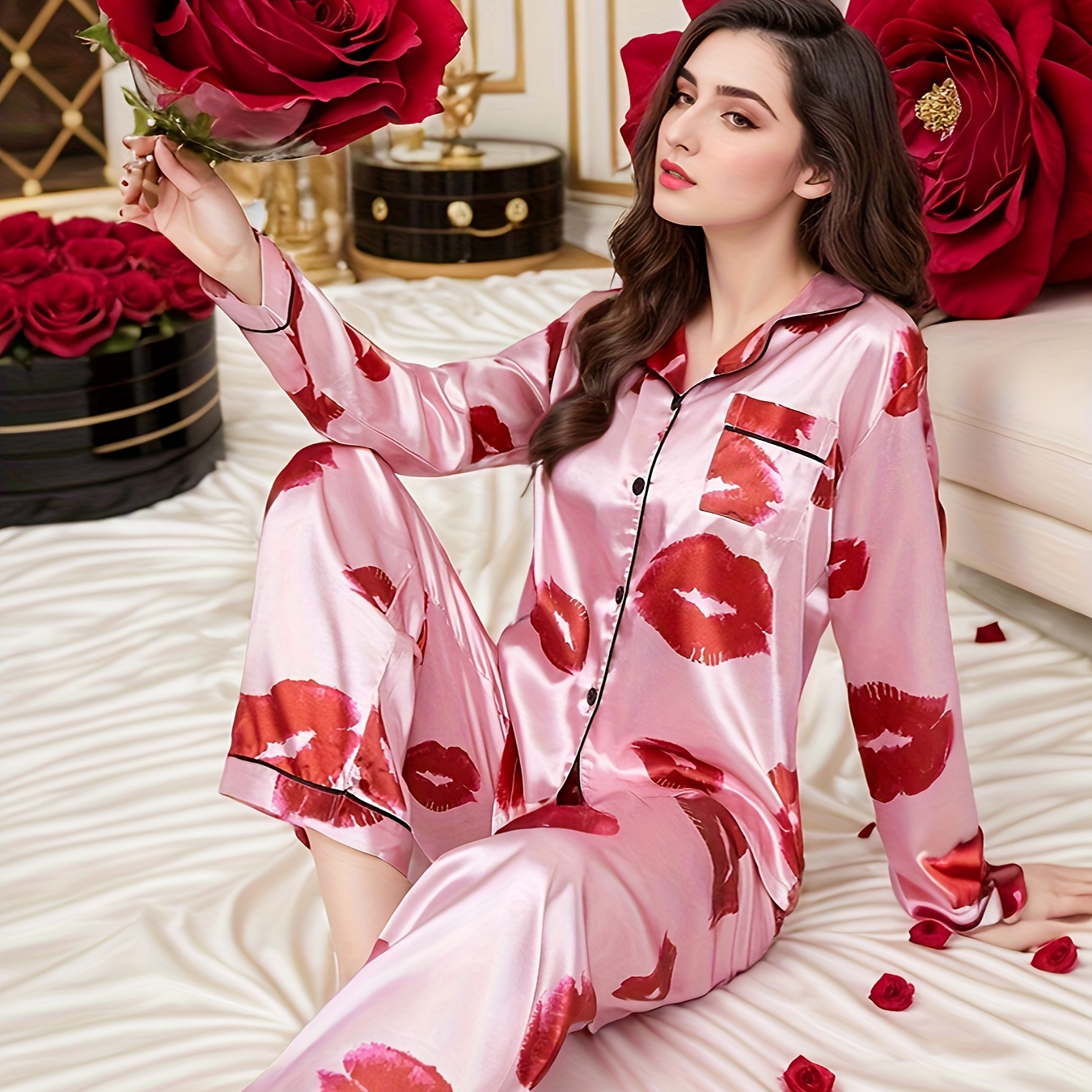 

A Two-piece Satin Loungewear Set For Women In Autumn And Winter, Featuring A Comfortable Long-sleeve Top And Waistband Pants.