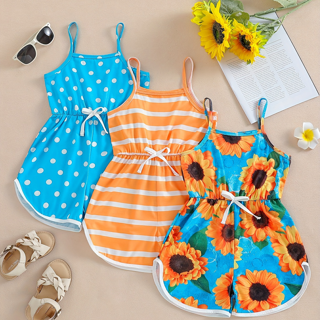 

3pcs, Dot & Stripes & Floral Print Cami Rompers With Bow Set For Girls, Stylish Summer Outdoor Jumpsuit Holiday Gift