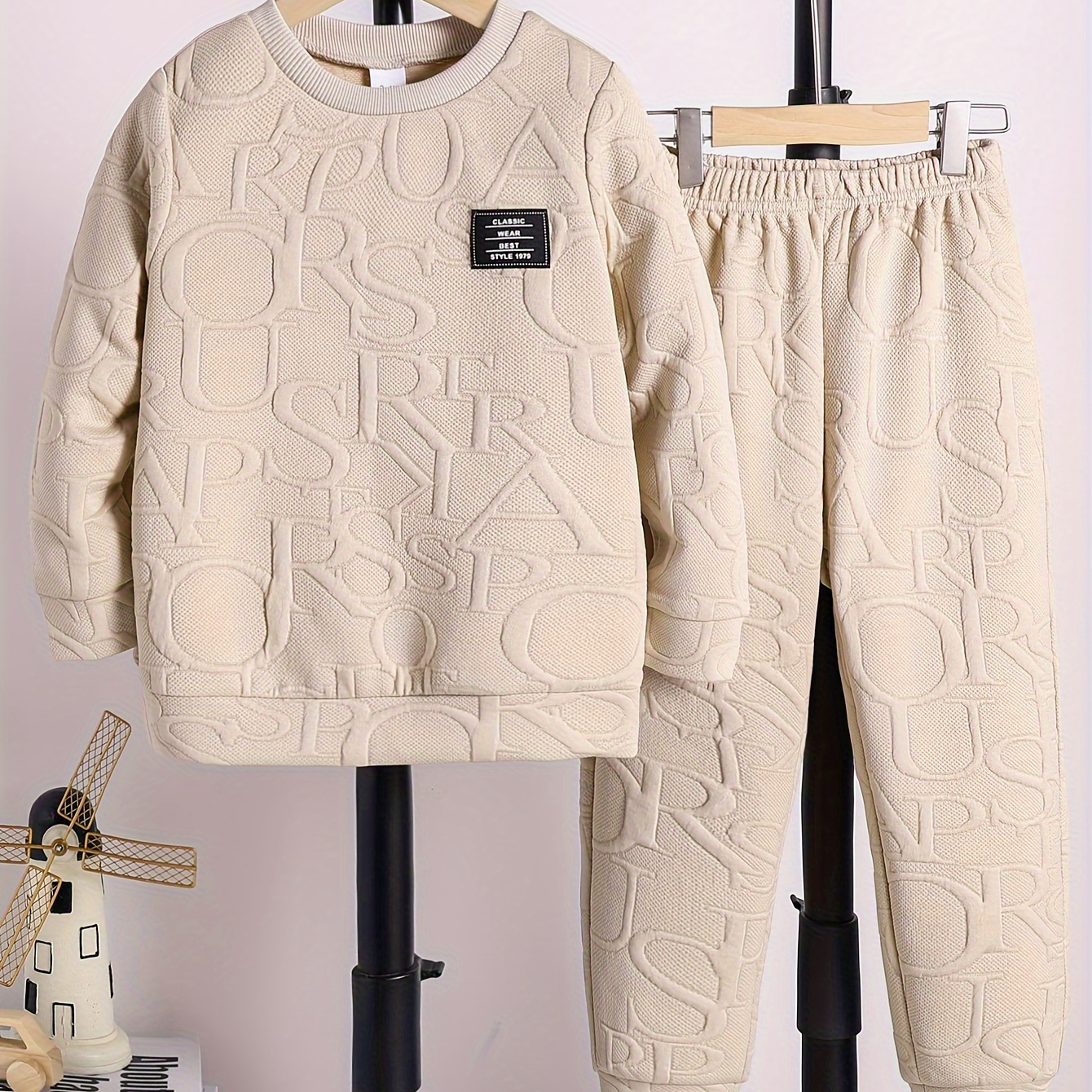 

Boy's 2- Co Ord Set, Long Sleeve Embossed Sweatshirt And Jogger Pants, Fall Clothes For &