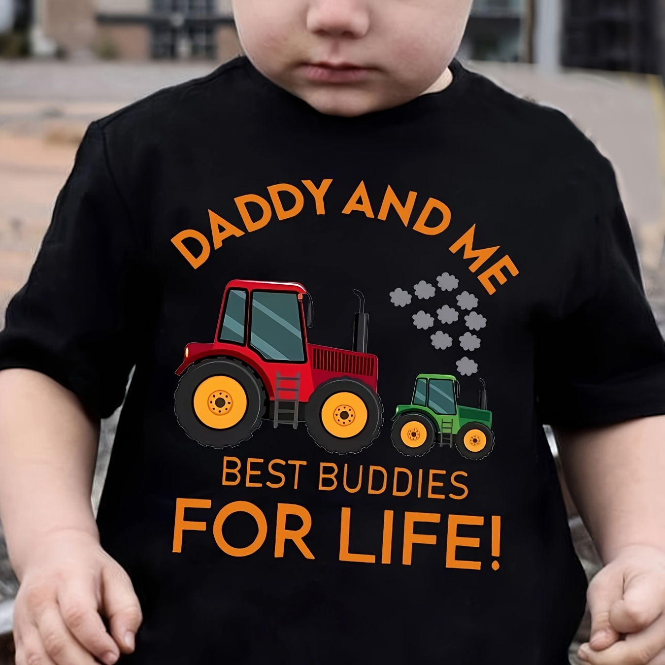 

Tractor And Letter Print Boys Meaningful T-shirt, Cool, Versatile & Smart Short Sleeve Tee, Gift Idea
