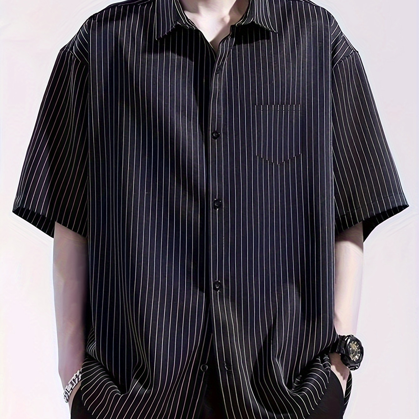 

Men's Striped Print Shirt, Casual Lapel Button Up Short Sleeve Shirt For Outdoor Activities