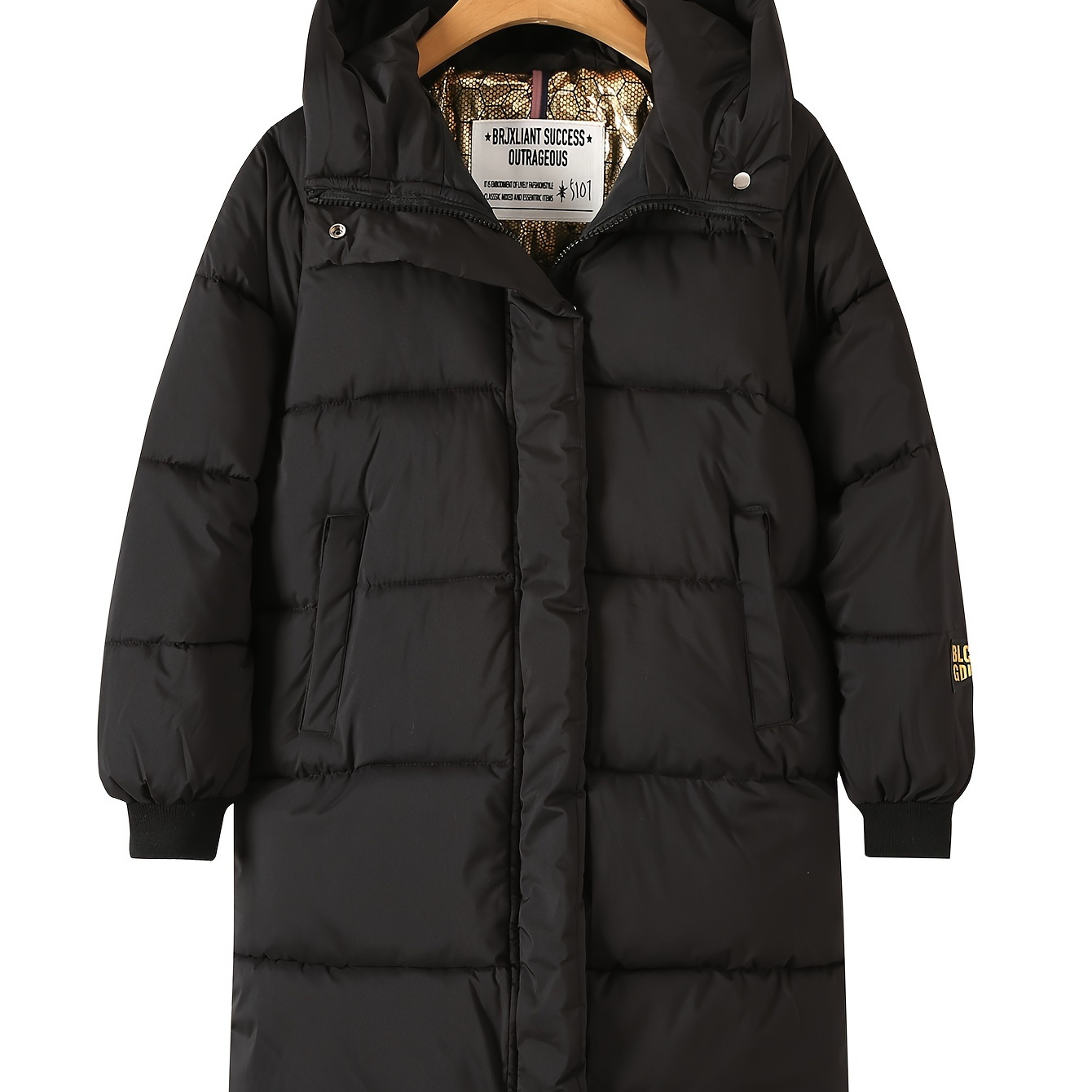 

Boys' Casual Hooded Mid-length Jacket - Polyester, Cotton Padded, Solid Color With Pockets For Winter