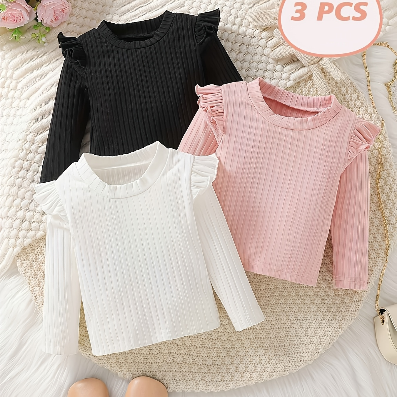 

Girls' Cute Ruffle Sleeve Ribbed Long-sleeve T-shirt Set, 3pcs, Polyester And Elastane , Solid Color, Round Neck - Spring/summer, Base Layer, Fashion