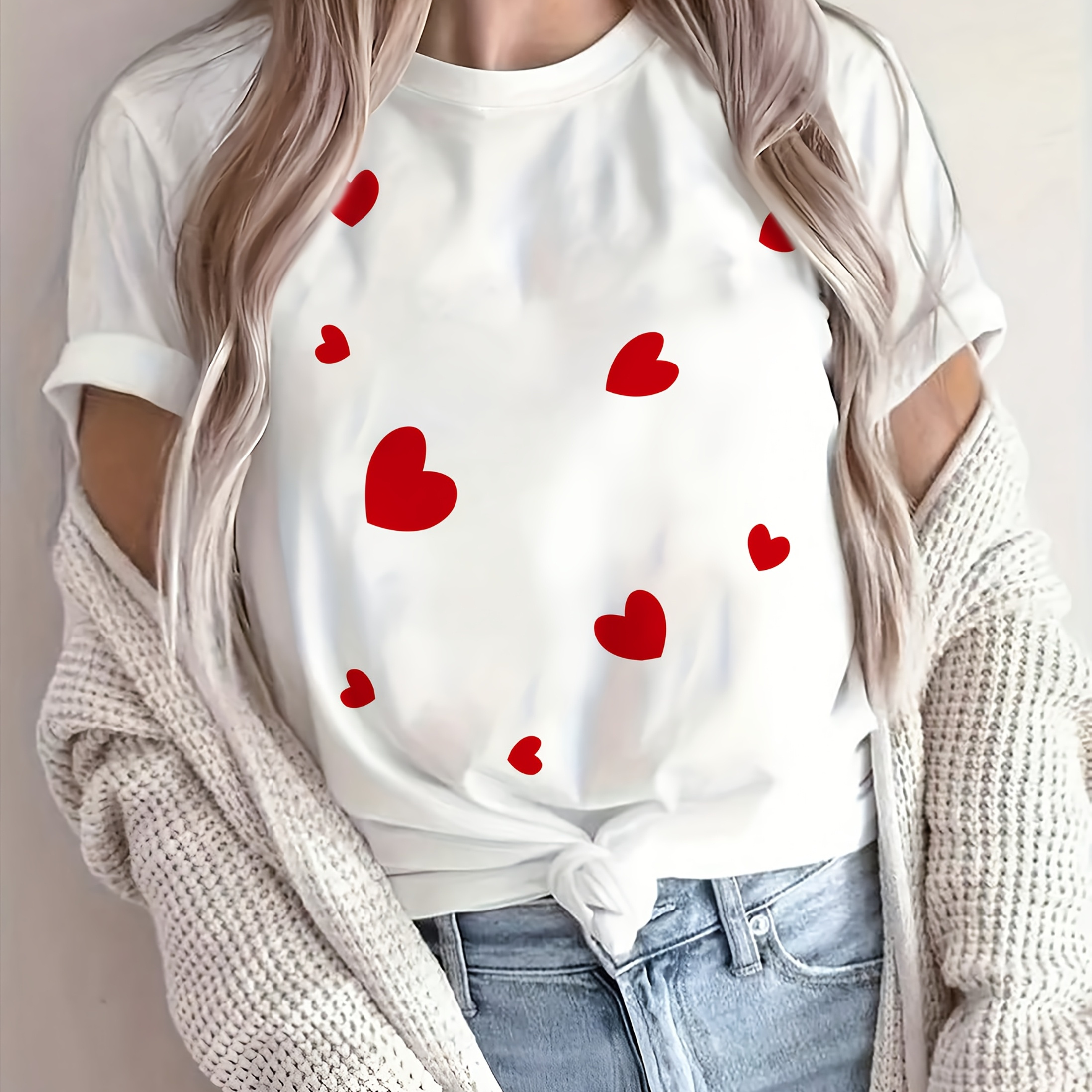 

Chic Red Heart Print Breathable T-shirt For Women - Casual Crew Neck, Short Sleeve Top With Stretch Fabric, Valentine's Day, Romantic, Sports Shirt, Style, All//all