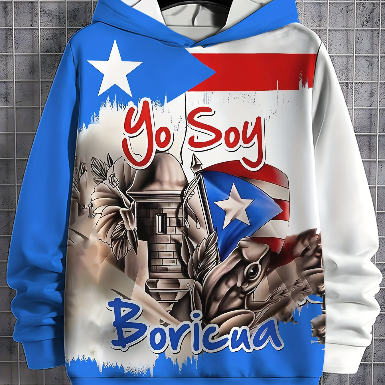 

Men's Patriotic Hoodie - Casual With Puerto Rican Flag & "yo Say" Letter Print, Comfortable Polyester Knit For Outdoor