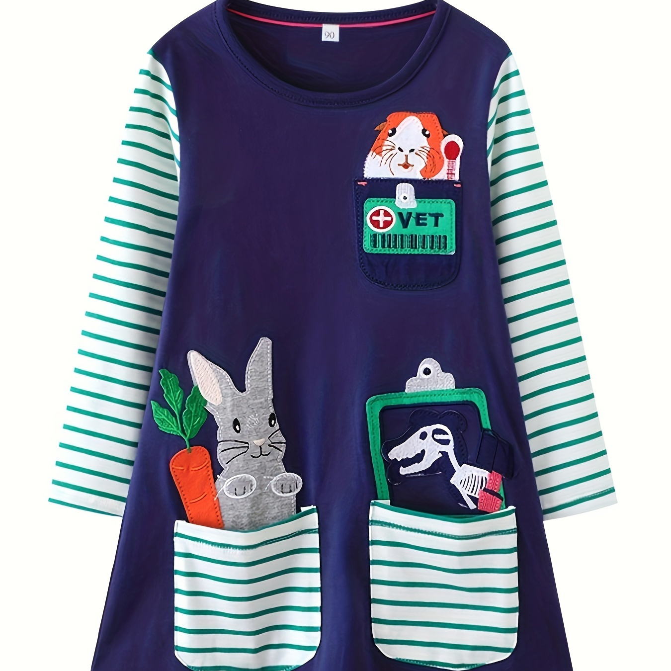 

Girls Cotton Long Sleeve Dress With Striped Print Rabbit Patchwork Design Kids Clothes Spring Fall