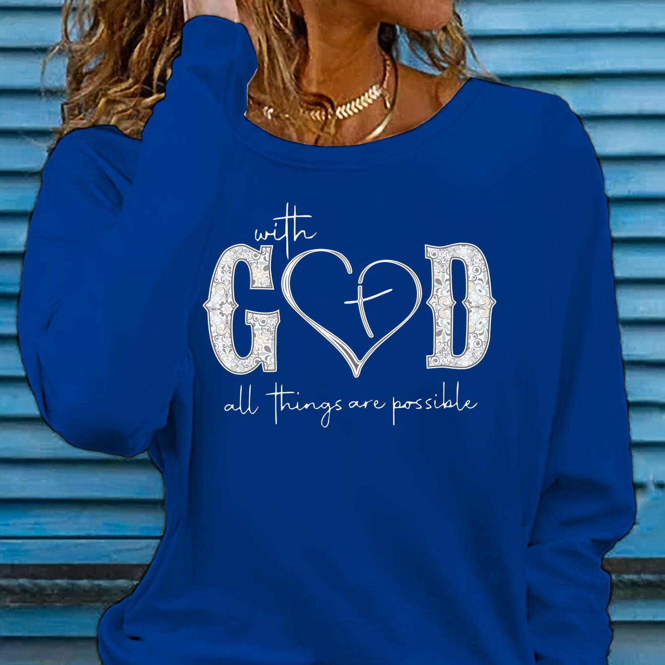 

With God Letter Print T-shirt, Casual Crew Neck Long Sleeve Top, Women's Clothing