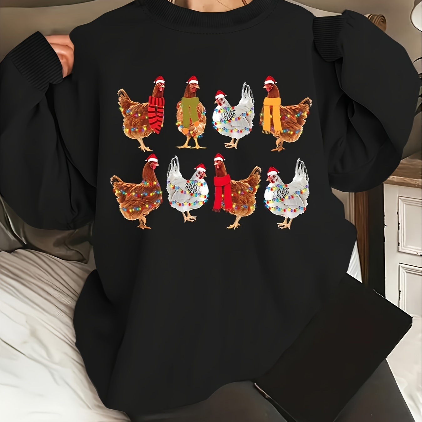 

Christmas Chicken Print Sweatshirt, Casual Long Sleeve Crew Neck Sweatshirt For Spring & Fall, Women's Clothing