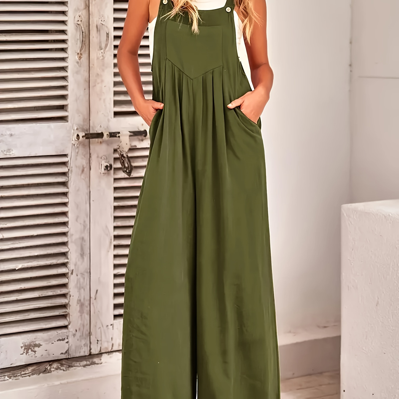 

Pleated Wide Leg Overall Jumpsuit, Casual Button Strap Overall Jumpsuit With Pocket, Women's Clothing