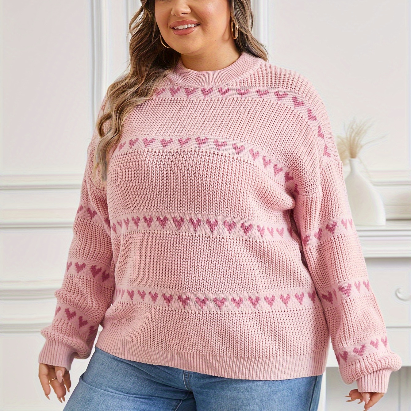 

Plus Size Casual Sweater, Women's Plus Heart Print Drop Shoulder Long Sleeve Round Neck Slight Stretch Pullover Jumper