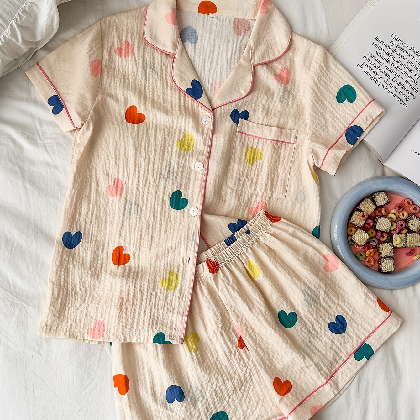 

Valentine's Gifts Colorful Heart Print Textured Pajama Set, Short Sleeve Button Up Lapel Collar Top & Elastic Shorts, Women's Sleepwear & Loungewear