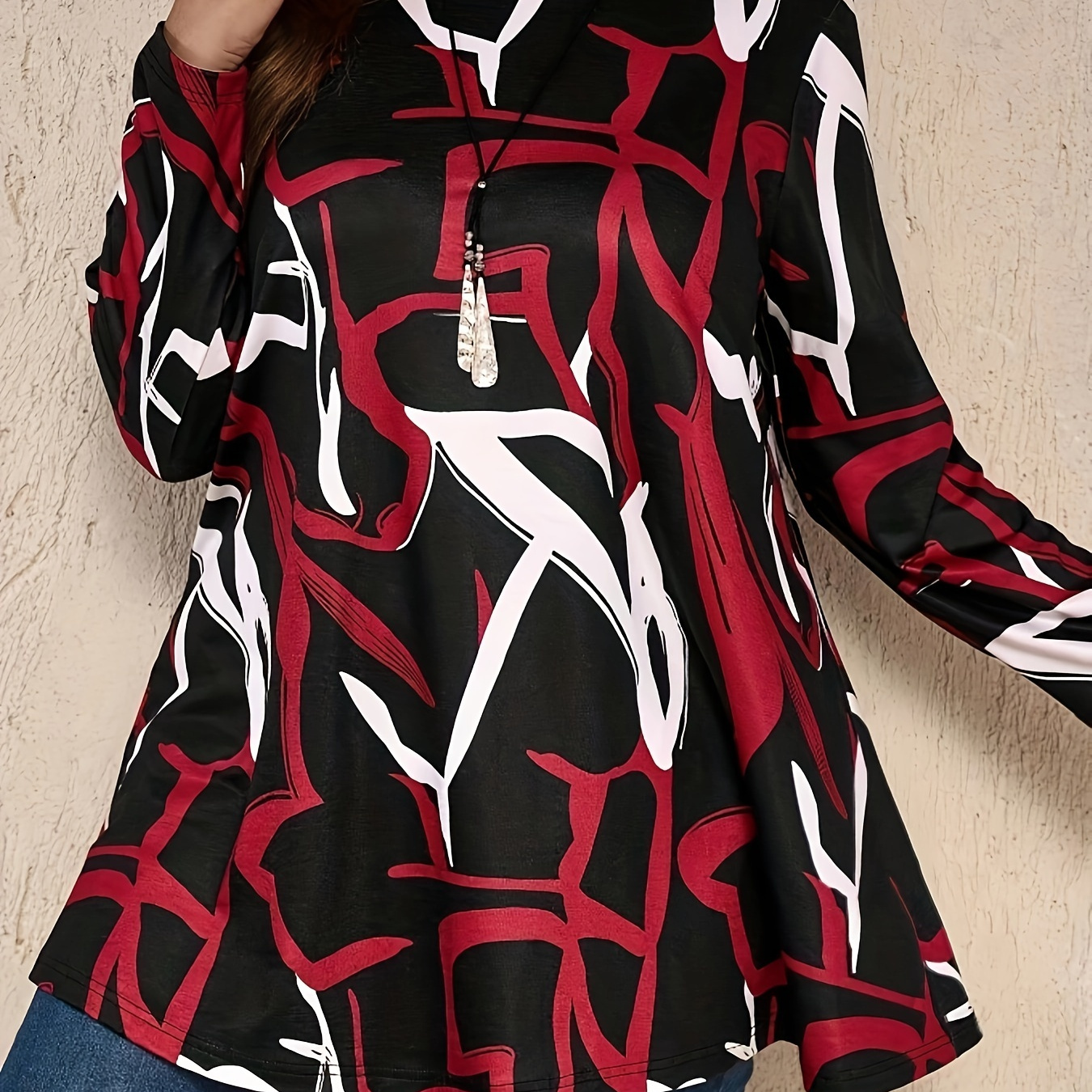 

Plus Size Women's Casual Long Sleeve T-shirt With Random Print, Polyester And Elastane , Elegant Style, Machine Washable