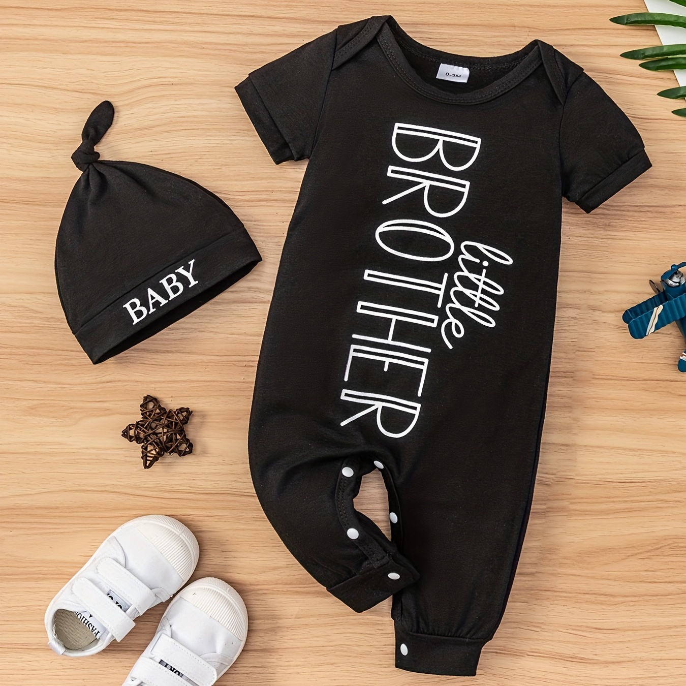 

Baby Boys Letter Little Brother Baby Print Fashion Color Block Short Sleeve Jumpsuit + Hat Summer Outfit