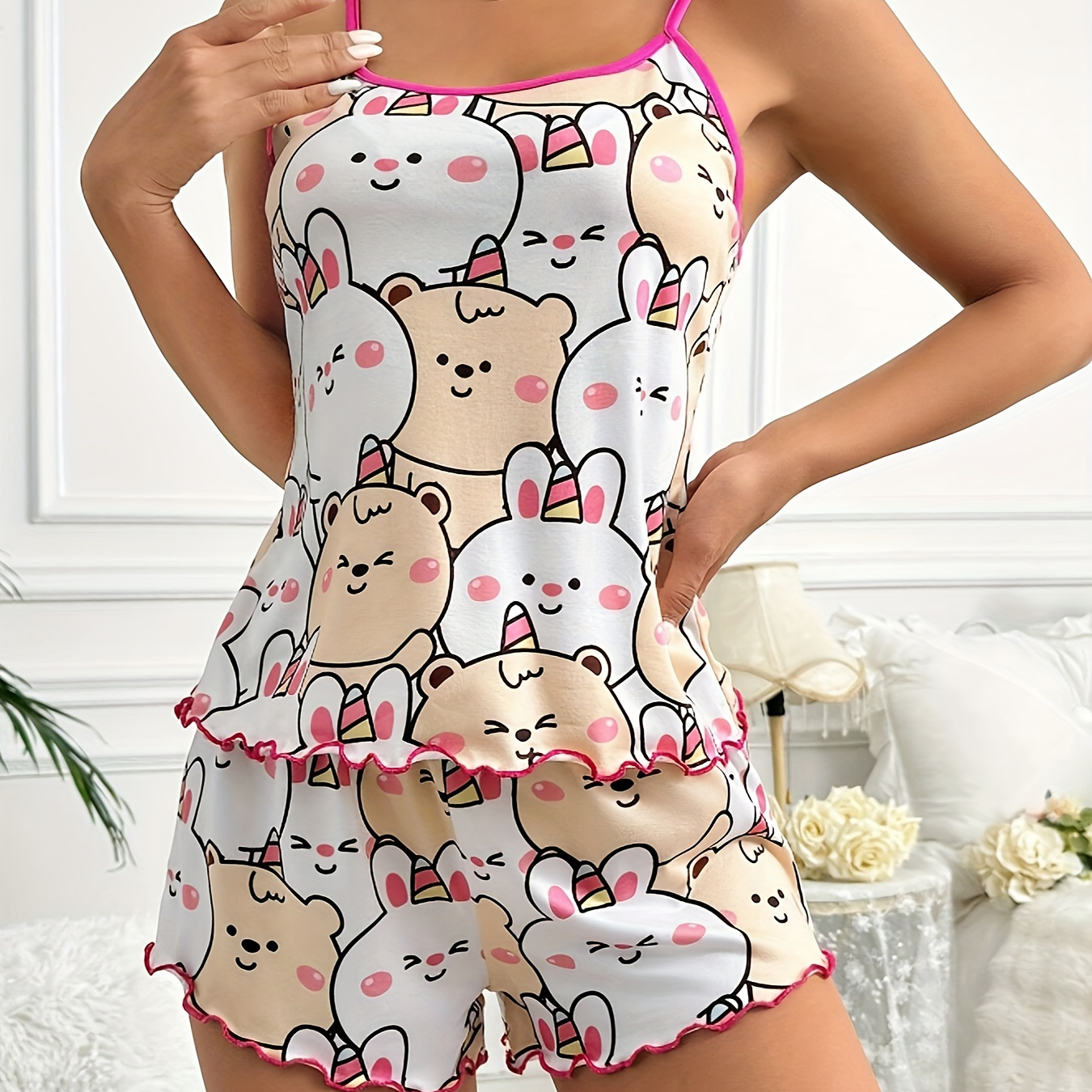 

Women's Allover Bunny Print Frill Trim Cute Pajama Set, Round Neck Backless Cami Top & Shorts, Comfortable Relaxed Fit, Summer Nightwear