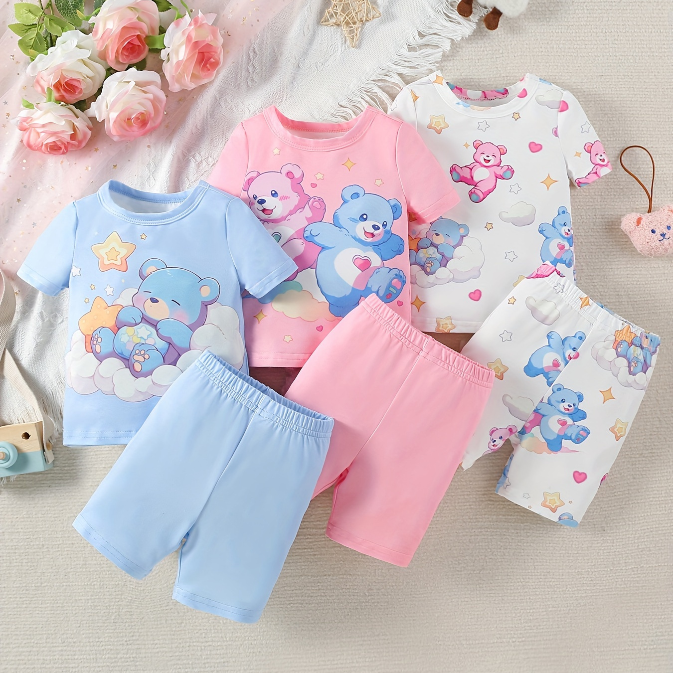 

3 Sets Baby's Adorable Bear Pattern T-shirt & Solid Color Shorts Set, Toddler & Infant Girl's Clothes For Summer Daily Wear